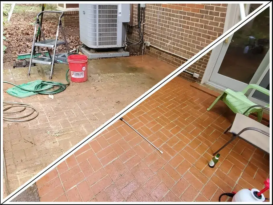 Herringbone brick patio, grimy on one side of a diagonal line and washed red on the other