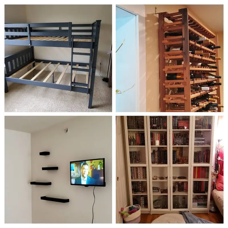 Assembled grey bunk bed, a wooden wine rack, floating shelves under a wall-mounted TV and a filled bookcase