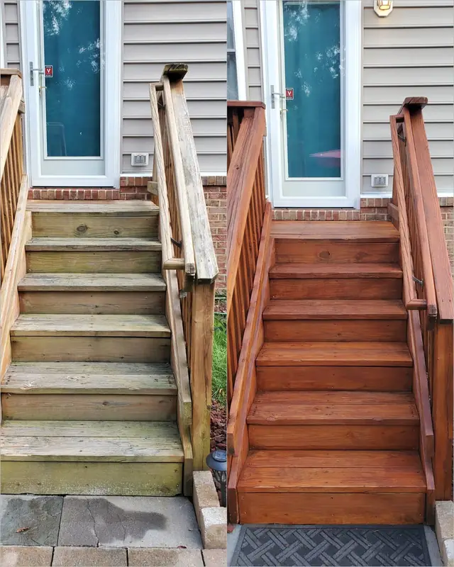 Deck stairs shown weathered grey on the left and stained red-brown on the right
